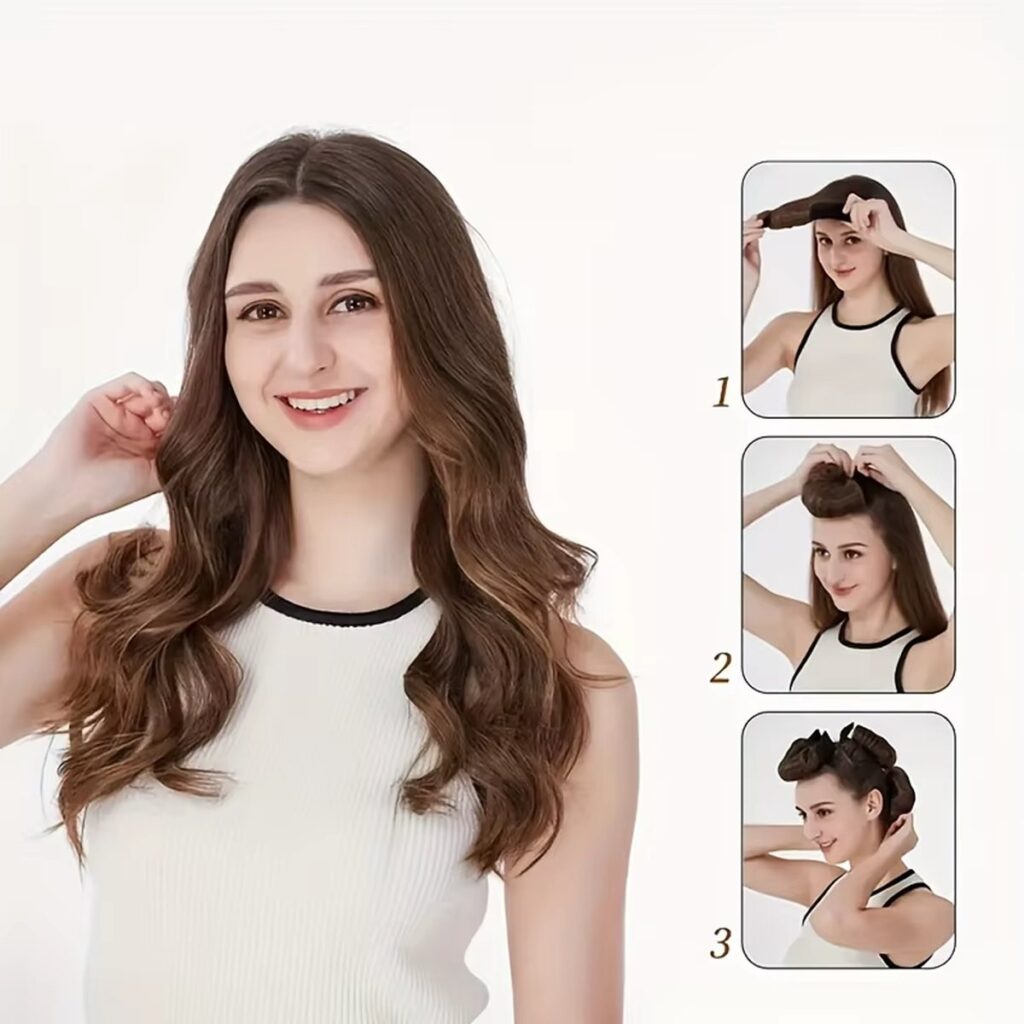 Woman showing three steps of wrapping hair around curling rods