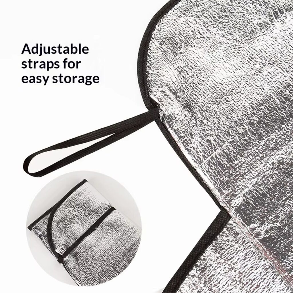 Windshield cover folded with its strap