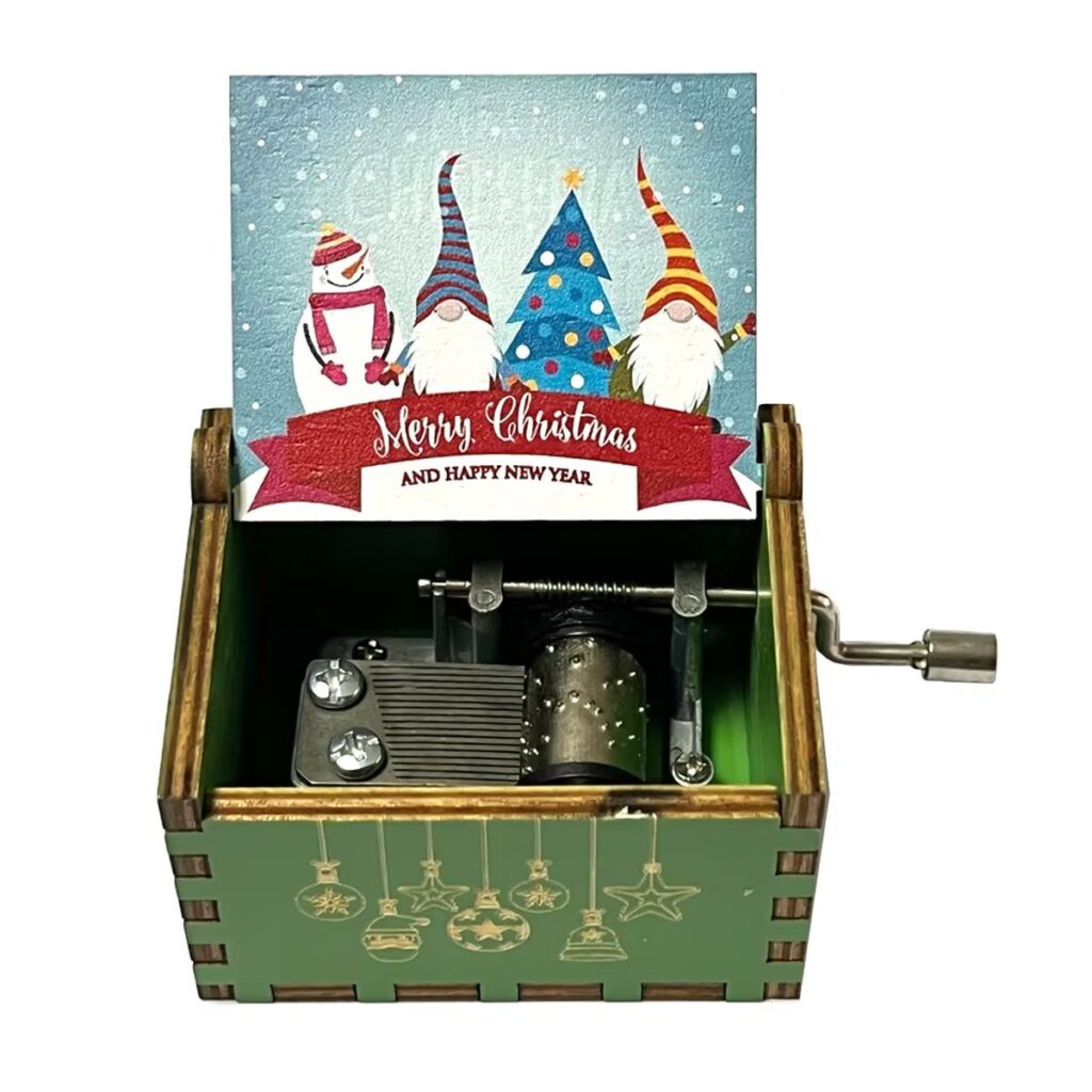 Music box with Christmas gnomes printed inside the lid