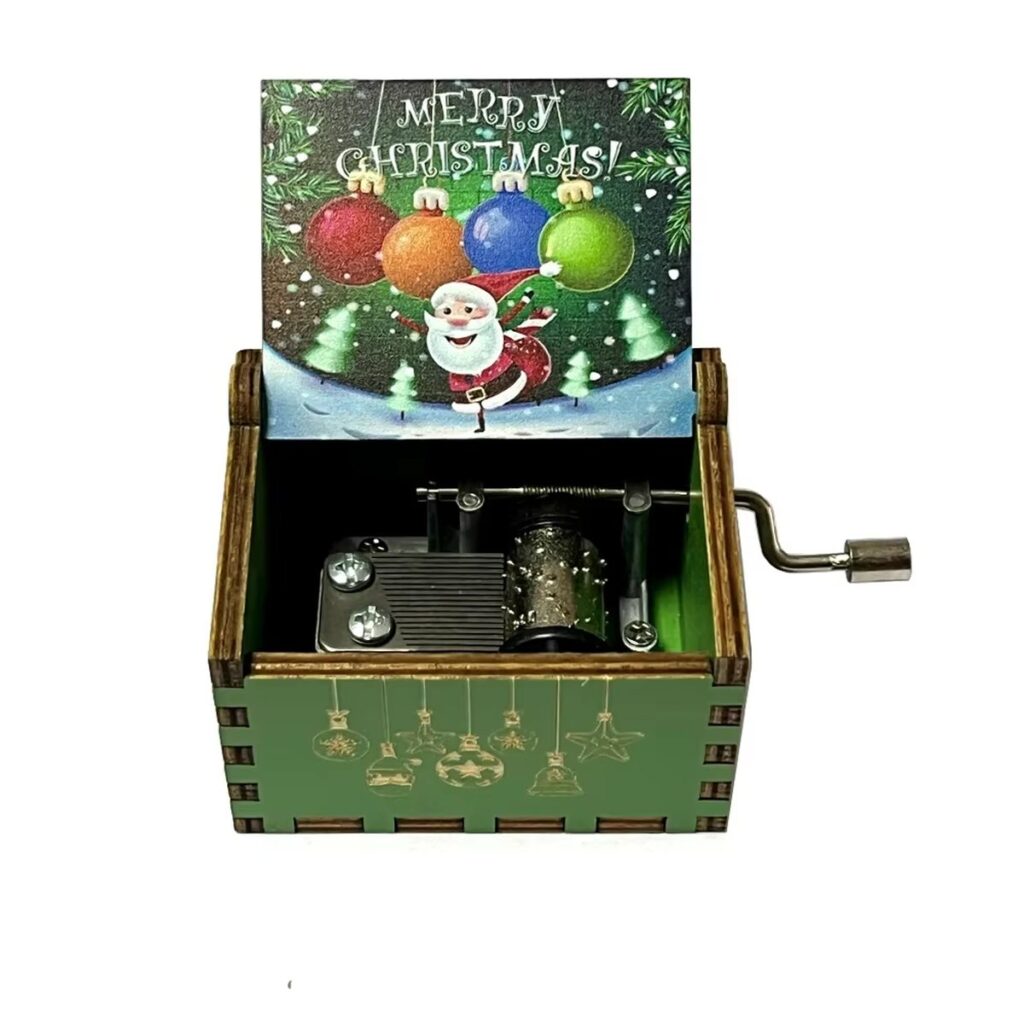 Music box with Christmas ornaments printed inside the lid