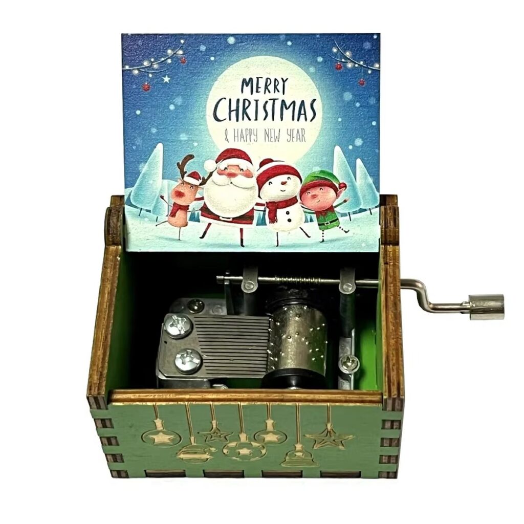 Music box with Santa and friends printed inside the lid